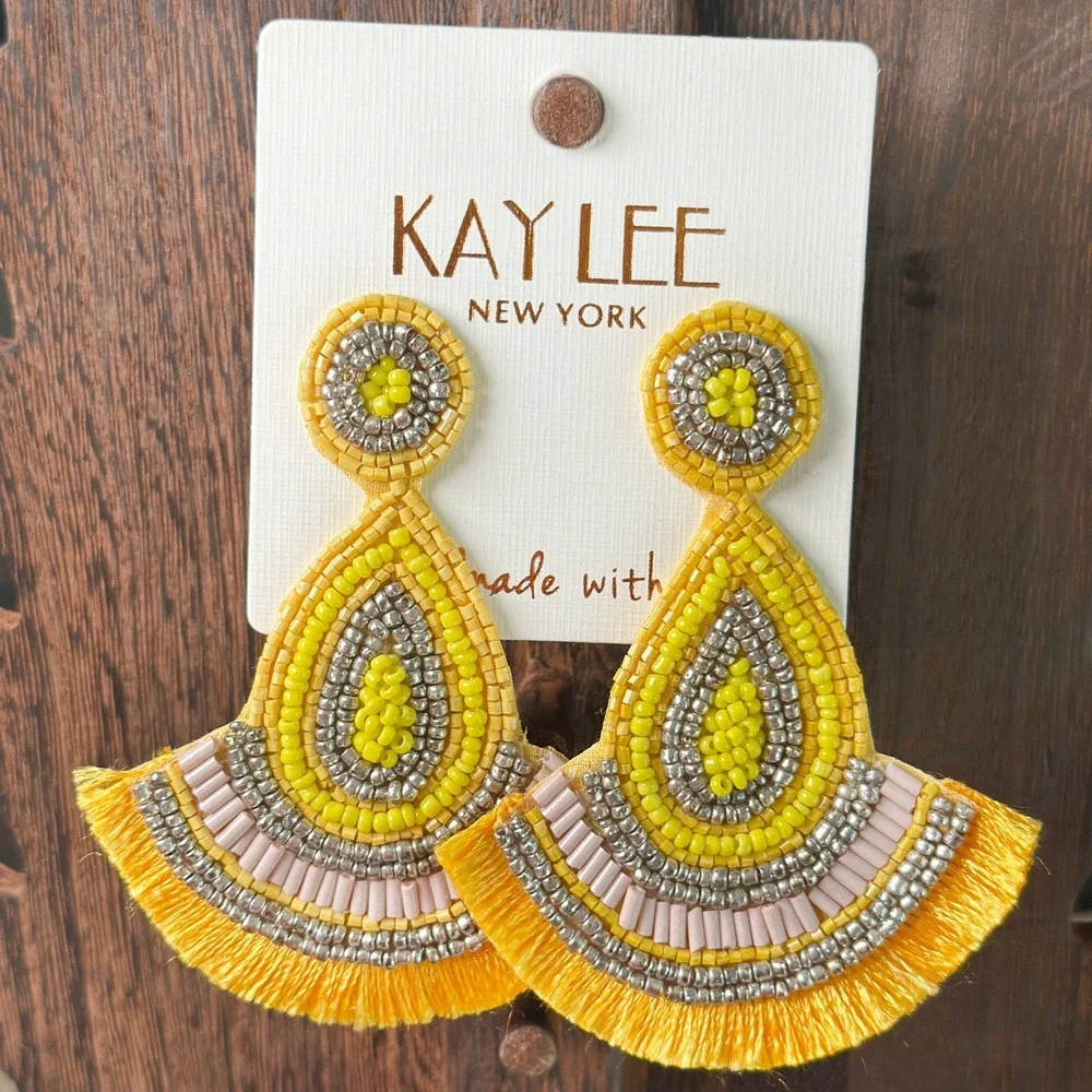 NWT Kay Lee Seed Beaded Southwestern Boho Yellow‎ Earrings Handmade